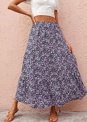 KIRUNDO Women's 2025 Fall High Waist Boho Floral Maxi Skirt Trendy Casual Flowy Swing Pleated A Line Beach Long Skirts(Black Purple, Large) - Image 2