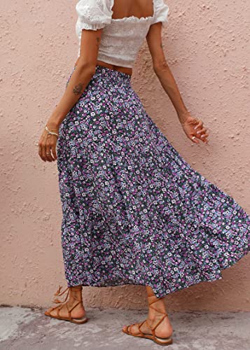 KIRUNDO Women's 2025 Fall High Waist Boho Floral Maxi Skirt Trendy Casual Flowy Swing Pleated A Line Beach Long Skirts(Black Purple, Large) - Image 5