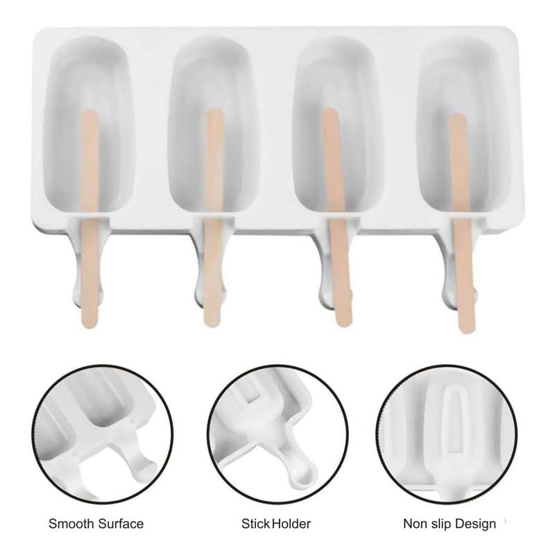 HENIRAG Silicone Ice Cream Molds 4 Cell Ice Cube Tray Popsicle Maker Homemade Freezer Mould Ice Cream Tools with 20 Wooden Popsicle Sticks Multi - Image 3
