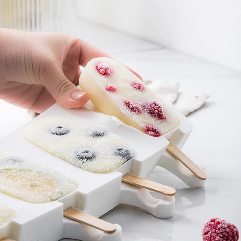 HENIRAG Silicone Ice Cream Molds 4 Cell Ice Cube Tray Popsicle Maker Homemade Freezer Mould Ice Cream Tools with 20 Wooden Popsicle Sticks Multi - Image 4