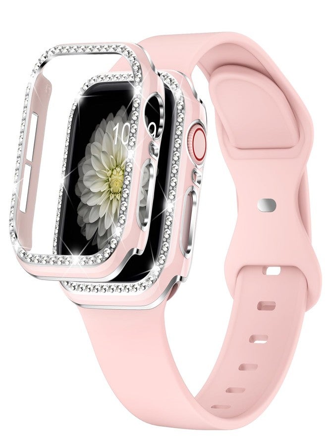 XYF Compatible for Pink Apple Watch Bands 44mm Women with Bumper Case, Soft Silicone Strap Glitter Bling Face Cover for iWatch SE Ultra 3 2 Series 11 10 9 8 7 6 5 4 3 2 1 (Pinksand, 44) - Image 1