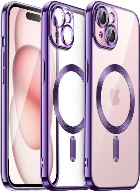 MagSafe Case Magnetic Clear Soft TPU Plating Case Wireless Charging Compatible Shockproof Camera Lens Protection For Apple iPhone 15 Plus Purple