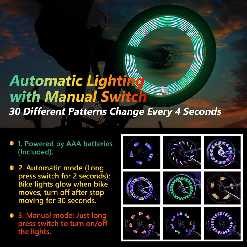 DAWAY Led Bike Wheel Lights - Bright Bicycle Spoke Lights (2 Pack), Safety Tire Lights for Night Riding, Fun Gifts for Kids Adults, Cool Bike Light Decoration Accessories with Batteries, 30 Patterns - Image 2