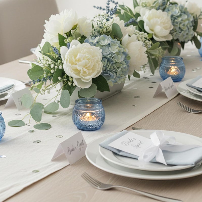 LAMORGIFT 12 Pcs Blue Votive Candle Holders for Bridal Shower Decorations- Floral Style Dusty Blue Candle Holder for Wedding Table Centerpieces, Baby Shower Decor - Image 5