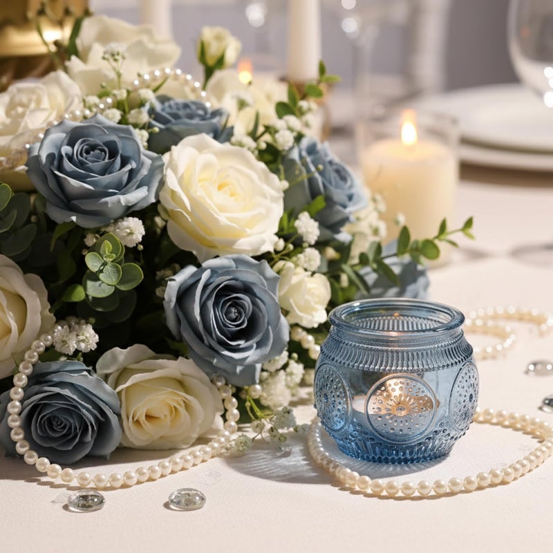 LAMORGIFT 12 Pcs Blue Votive Candle Holders for Bridal Shower Decorations- Floral Style Dusty Blue Candle Holder for Wedding Table Centerpieces, Baby Shower Decor - Image 2