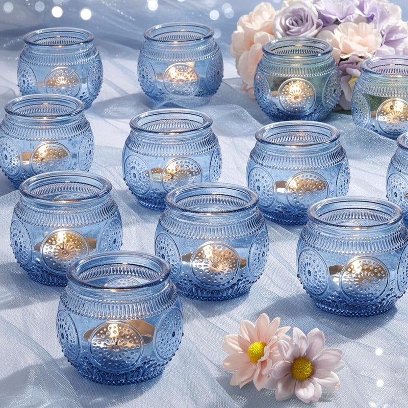 LAMORGIFT 12 Pcs Blue Votive Candle Holders for Bridal Shower Decorations- Floral Style Dusty Blue Candle Holder for Wedding Table Centerpieces, Baby Shower Decor - Image 1