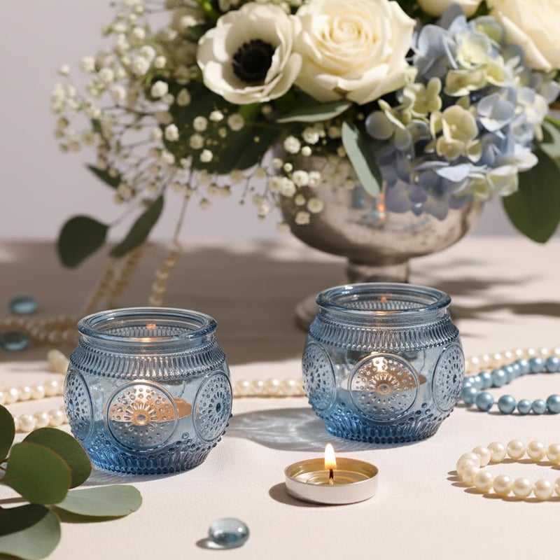 LAMORGIFT 12 Pcs Blue Votive Candle Holders for Bridal Shower Decorations- Floral Style Dusty Blue Candle Holder for Wedding Table Centerpieces, Baby Shower Decor - Image 3