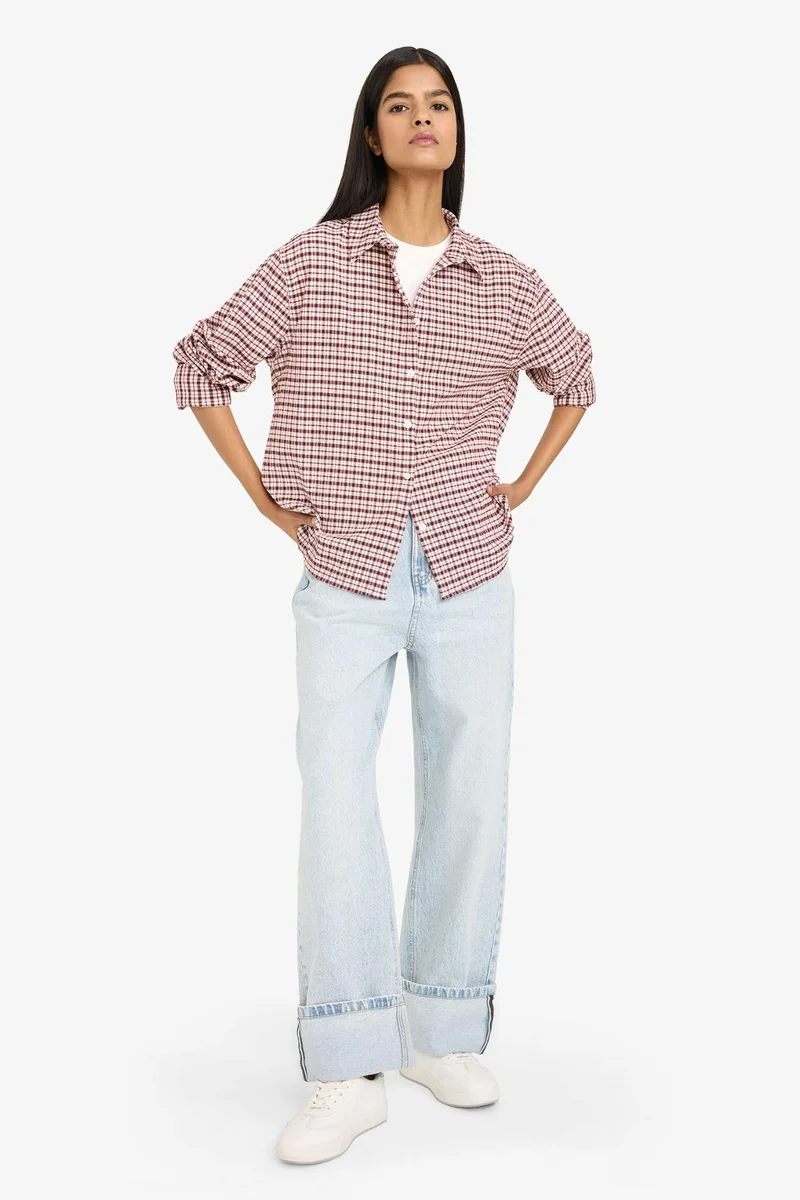 ديفاكتو Oversize Shirt Collar Flanel Plaid Long Sleeve Shirt