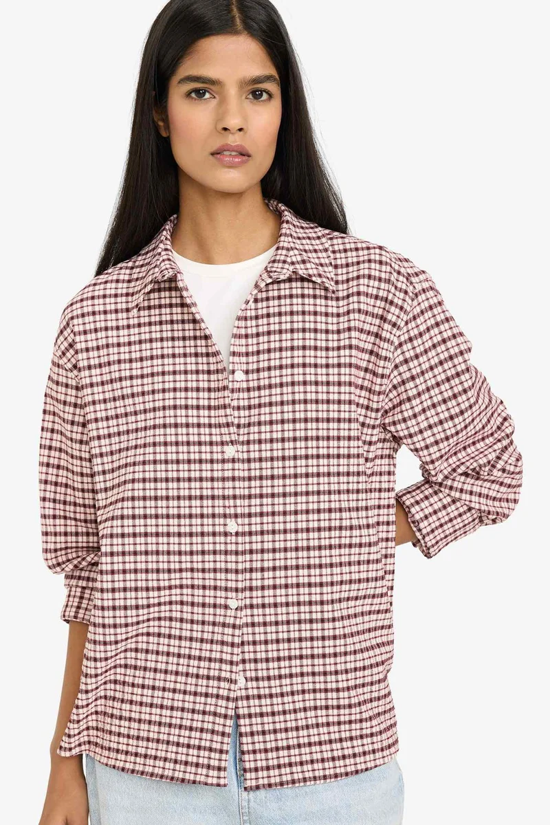 ديفاكتو Oversize Shirt Collar Flanel Plaid Long Sleeve Shirt