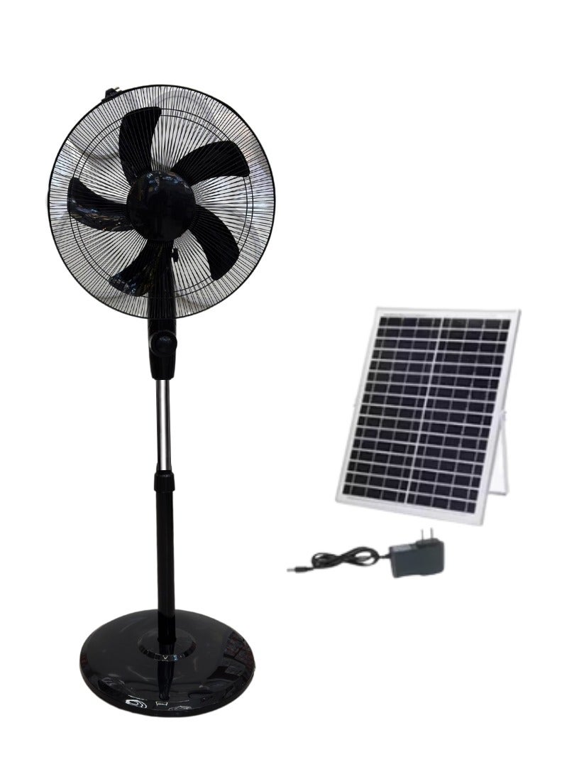 ALNAJM Lighting Electric & Solar-Rechargeable Stand Fan, 16" 5 Blades, 3 Speed Settings, Adjustable Height, 25Watt, Black  - Image 1
