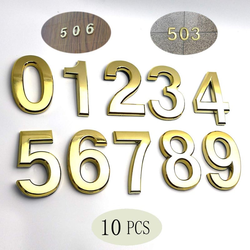 CXWBIM 10 Pcs 3D Self Adhesive House Numbers(0-9),1.4 Inch Mailbox Number Plastic Sticker for Hotel Apartment Room Door and Address Sign,(1.4 Inch 0-9,Gold) - Image 1