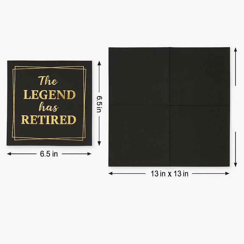 JPACO 50â€‘Pack â€˜The Legend Has Retiredâ€™ Black & Gold Napkins â€“ 2â€‘Ply Cocktail, Lunch & Dinner Party Napkins â€“ Elegant, Disposable Retirement Party Decoration â€“ 6.5â€³ x 6.5â€³ Folded (Large, 50, Pack) - Image 4