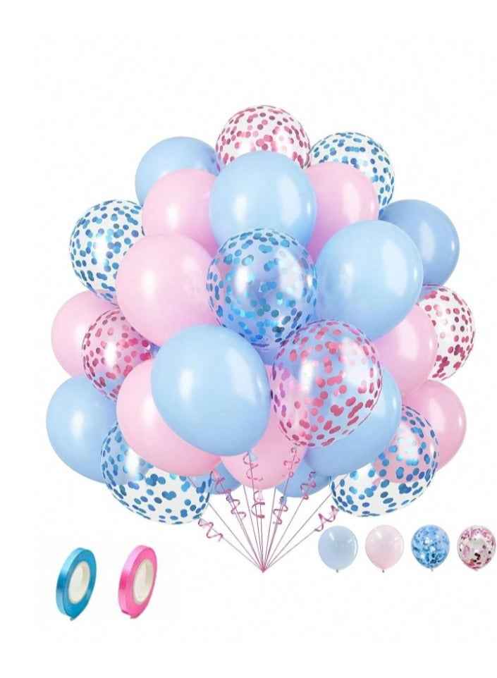 Gender Reveal Balloons Beautiful Confetti Latex Balloons for Baby Shower Decorations 35 Pack 12 Inch with 2 x 10m Ribbons Pink and Blue - Image 1