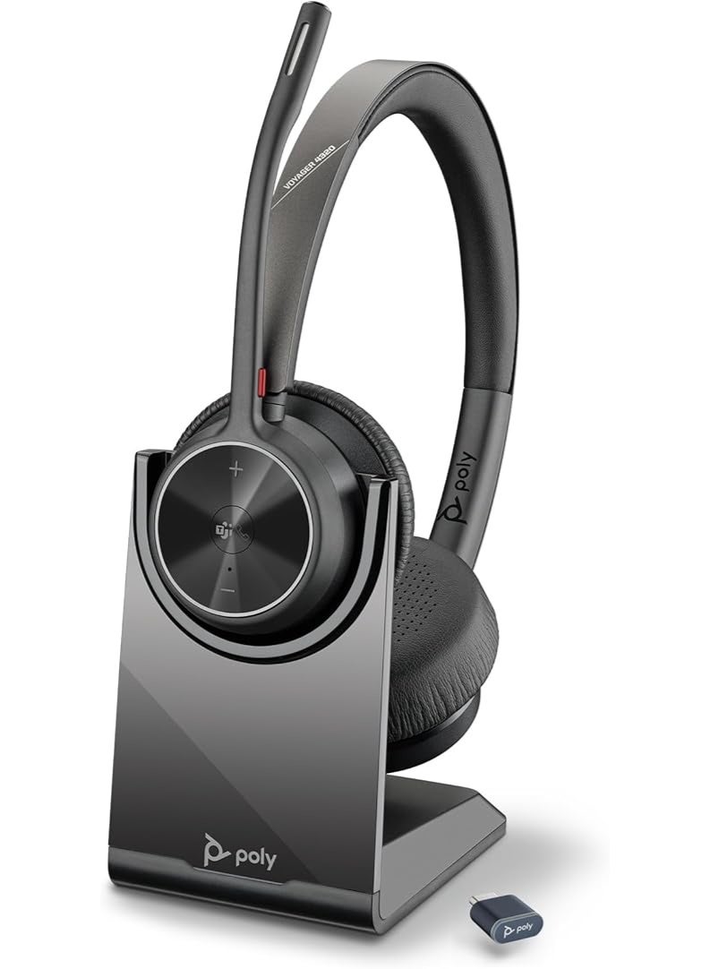 Poly Voyager 4320-M Wireless Headset with BT700 USB-A Adapter and Charging Stand – Dual-Ear, Noise-Cancelling, Microsoft Teams Certified, Black - Image 1
