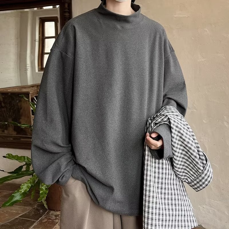 De Velvet Sweater Men'S Half Turtleneck Long-Sleeved T-Shirt With Windbreaker Inner Top Plus Size - Image 5