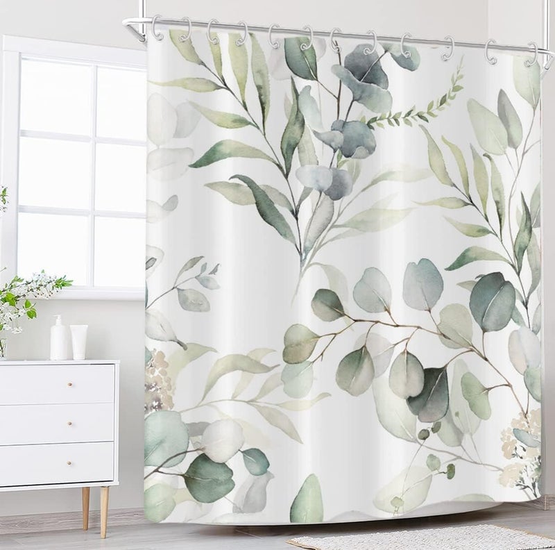 GCIREC Eucalyptus Leaf Shower Curtains, Sage Green Spring Botanical Watercolor Plants Bathroom Curtains Bathtub Home Decor Waterproof Fabric Machine Washable with 12 PCS Hooks - Image 3