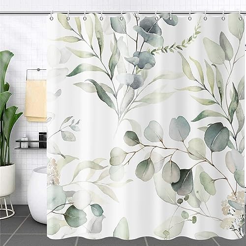 GCIREC Eucalyptus Leaf Shower Curtains, Sage Green Spring Botanical Watercolor Plants Bathroom Curtains Bathtub Home Decor Waterproof Fabric Machine Washable with 12 PCS Hooks - Image 2