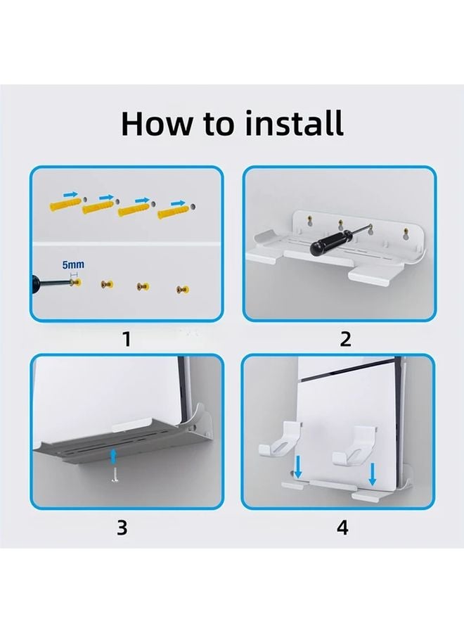 White Metal Wall Mount Stand Kit for PS5 and PS5 Slim Secure Controller Hooks Easy Disassembly - Image 5
