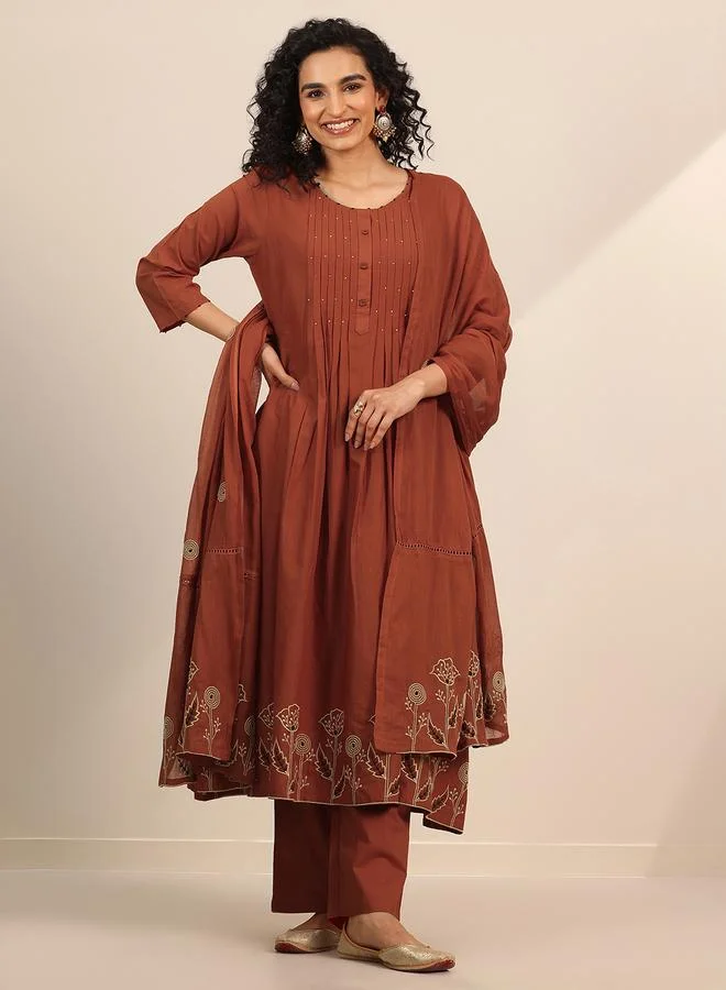 لباس Rust Embroidered Cotton Blend Anarkali Kurta, Palazzos and Dupatta Set