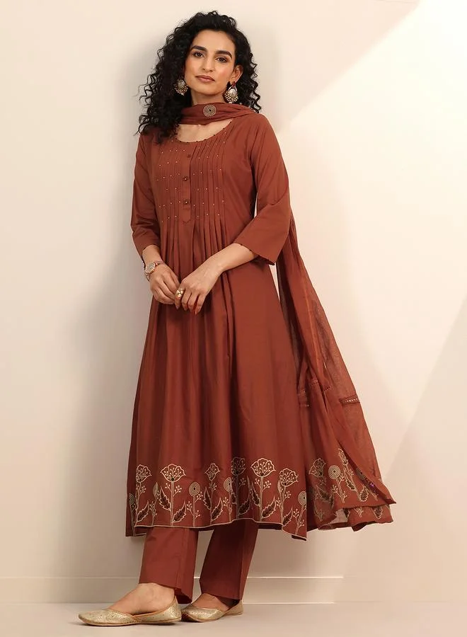 لباس Rust Embroidered Cotton Blend Anarkali Kurta, Palazzos and Dupatta Set