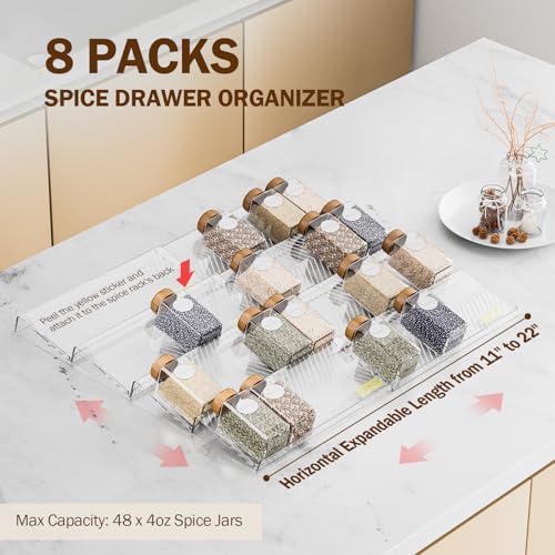 PanPanPal Spice Drawer Organizer 8 Pack Clear Seasoning Organizer Rack Expandable From 11 to 22 Wide Kitchen Spice Rack Organizers for Drawer Countertop Jars Not Included - Image 3