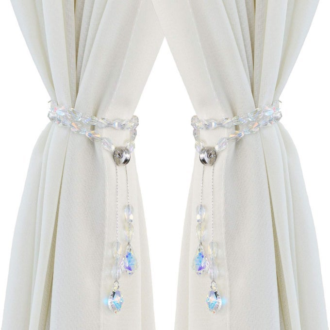Magnetic Curtain TiebacksCrystal Beads Rope Drapery Holdbacks Holder for SmallThin or Sheer Window Draperies12 Inch Long2 Pack White