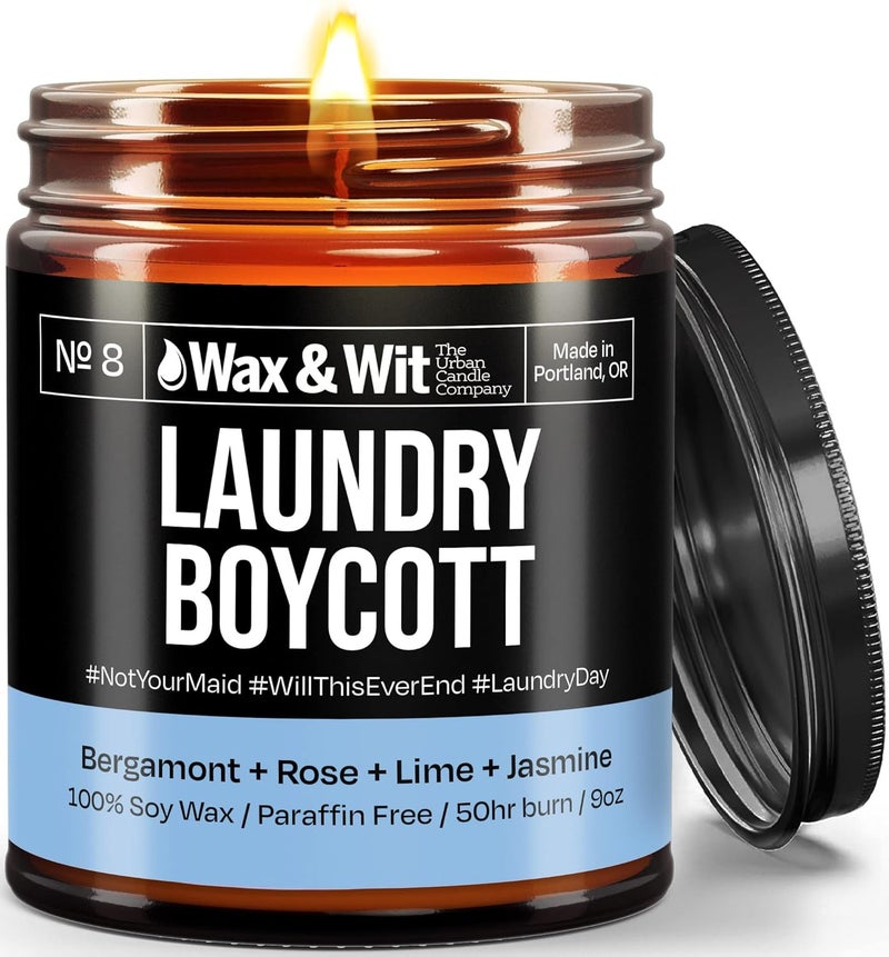 WAX & WIT Funny Candles, Scented Soy Candle Infused with Bergamont, Rose, Lime, Jasmine - Gifts for Mom, Housewarming Gift, Funny Gifts for Women - (1) 9oz Candle (Laundry Boycott) - Image 1