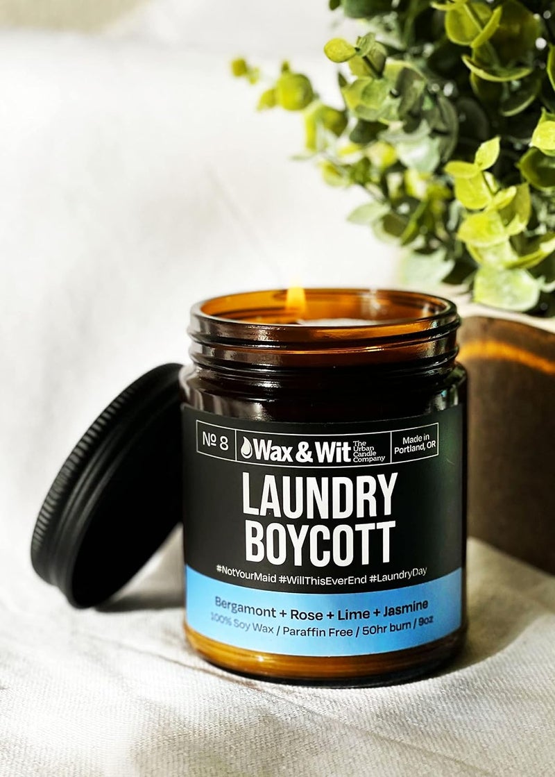 WAX & WIT Funny Candles, Scented Soy Candle Infused with Bergamont, Rose, Lime, Jasmine - Gifts for Mom, Housewarming Gift, Funny Gifts for Women - (1) 9oz Candle (Laundry Boycott) - Image 4