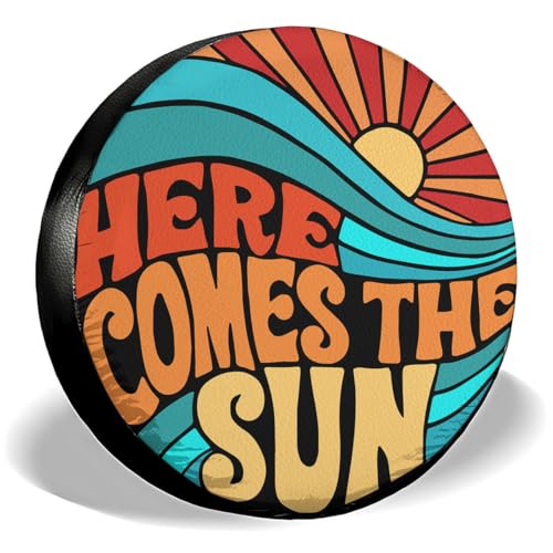GENANY Hippie Here Comes The Sun Size 16 Premium PVC Leather Spare Tire Cover, Universal Fit for RV Jeep Camper Trailer, Dustproof, Waterproof Jeep Tire Cover with No Camera Hole, Spring Car Decor - Image 1