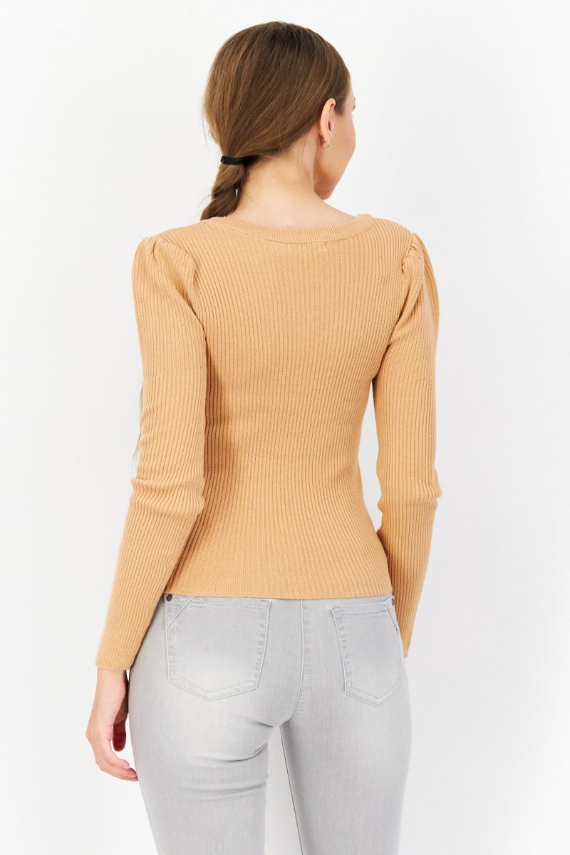 BRAVE SOUL Women Scoop Neck Ribbed Sweater, Tan - Image 3