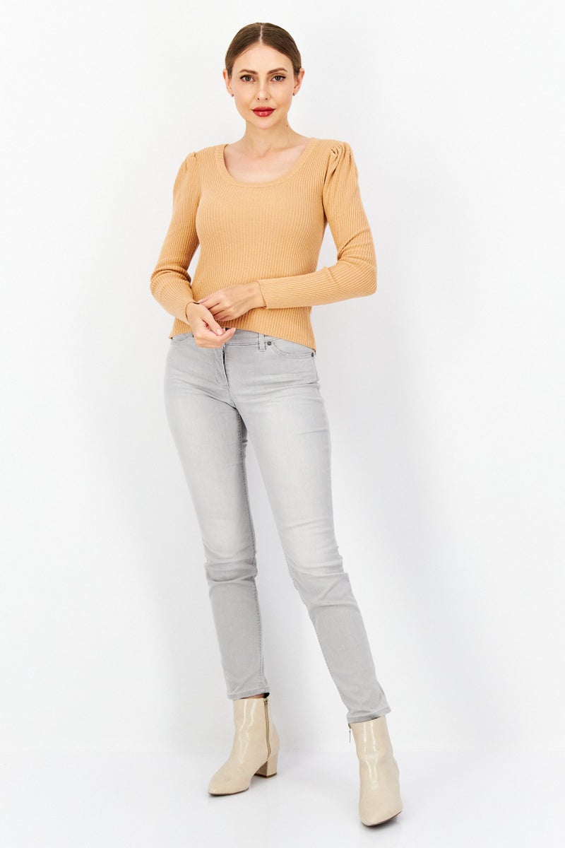 BRAVE SOUL Women Scoop Neck Ribbed Sweater, Tan - Image 4