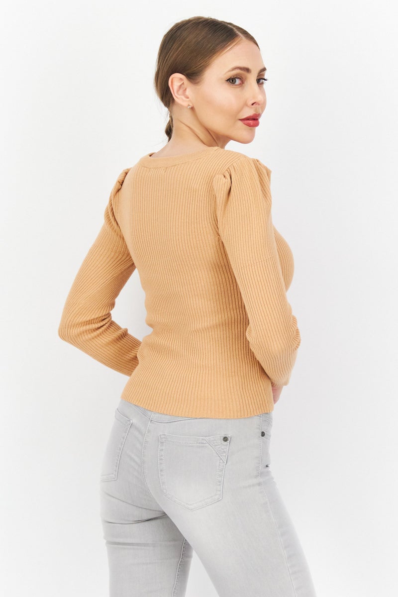 BRAVE SOUL Women Scoop Neck Ribbed Sweater, Tan - Image 2