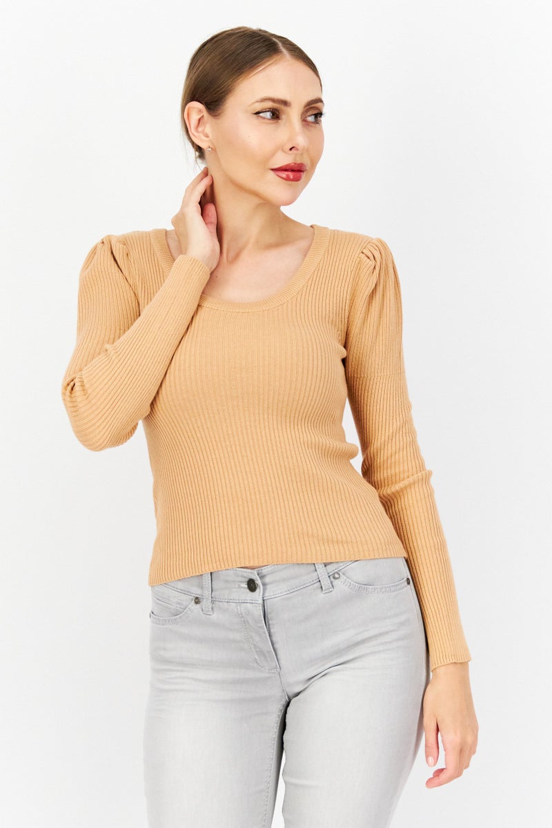 BRAVE SOUL Women Scoop Neck Ribbed Sweater, Tan - Image 1