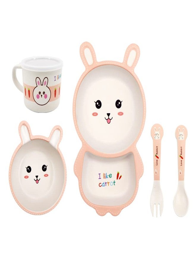 Fekdod Bamboo Kids Dinnerware Set 5 Pcs Includes Plate Bowl Cup Fork Spoon Perfect for Kids BPA-Free (Rabbit) - Image 1