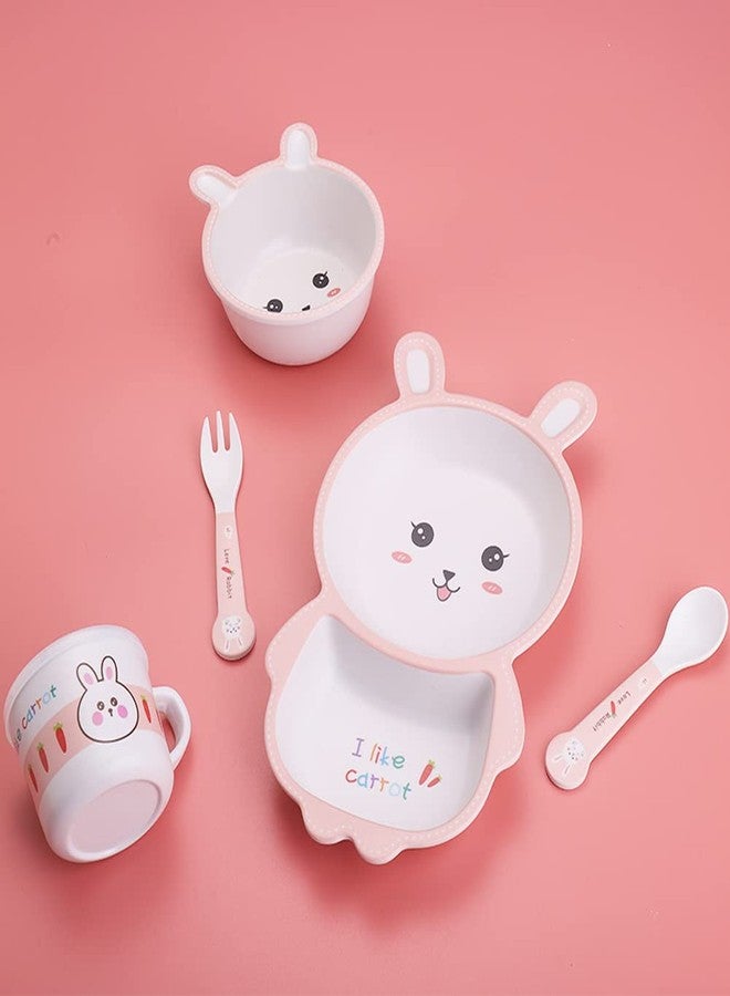 Fekdod Bamboo Kids Dinnerware Set 5 Pcs Includes Plate Bowl Cup Fork Spoon Perfect for Kids BPA-Free (Rabbit) - Image 2