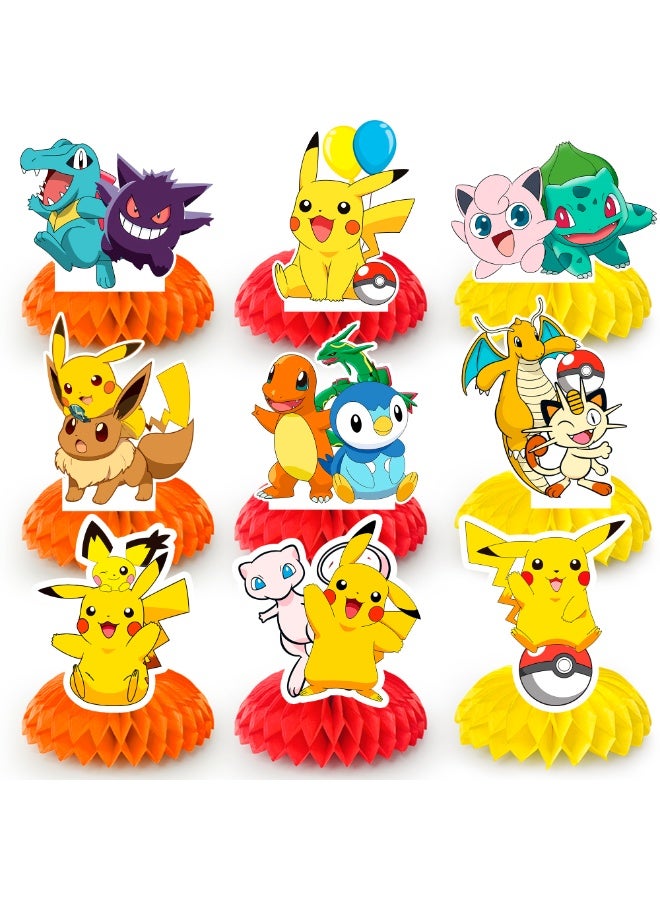 FRUITFUL PARTY Pokemon Centerpieces for Tables, 9pc 3D Double Side Pikachu Honeycomb Centerpieces for Pokemon Themed Party Supplies Decorations, Pikachu Table Decoration Supplies - Image 1