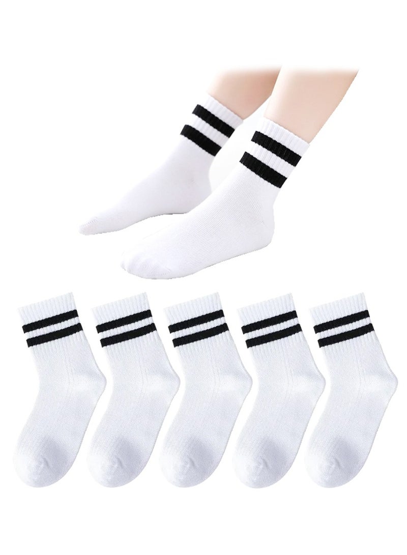 5 Pairs of Kids Sport Socks Black & White Stripe, Unisex Striped Cotton Socks for Boys & Girls for Ages 1-12 Years - Image 1