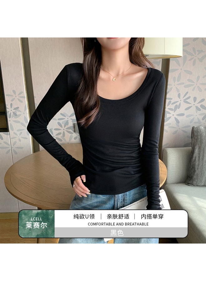 2052 Lyocell Solid Color Round Neck Blouse For Women, Spring And Summer Slim Fit Base Shirt, Simple Long-sleeve T-shirt