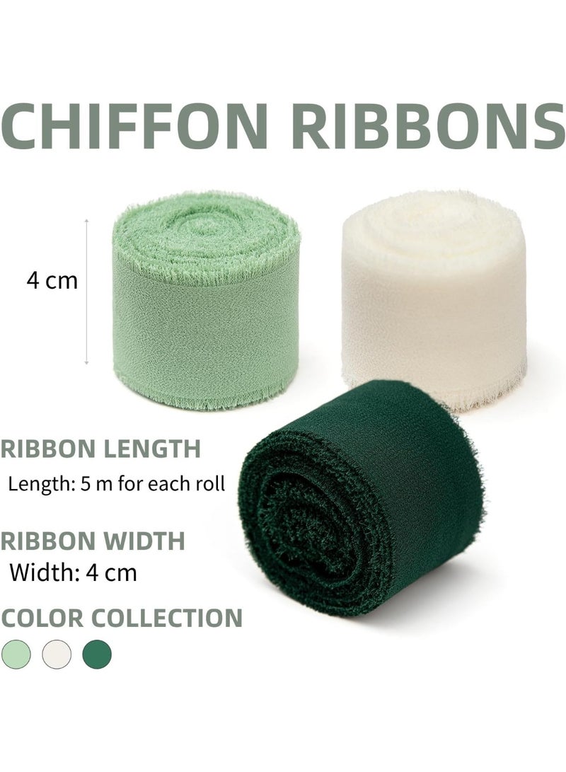 3 Rolls Green Chiffon Ribbon with Frayed Edges - 4cm x 5m Handmade Wedding Ribbon for Bouquets, Gift Wrapping, DIY Crafts (Fringe Trim) - Image 2