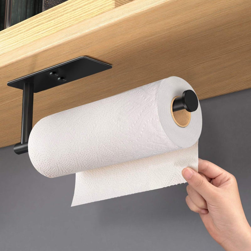 VAEHOLD Self Adhesive Paper Towel Holder Under Cabinet Mount, Wall Mount Paper Towel Roll Rack for Kitchen Cabinet, Bathroom, SUS304 Stainless Steel Black - Image 2