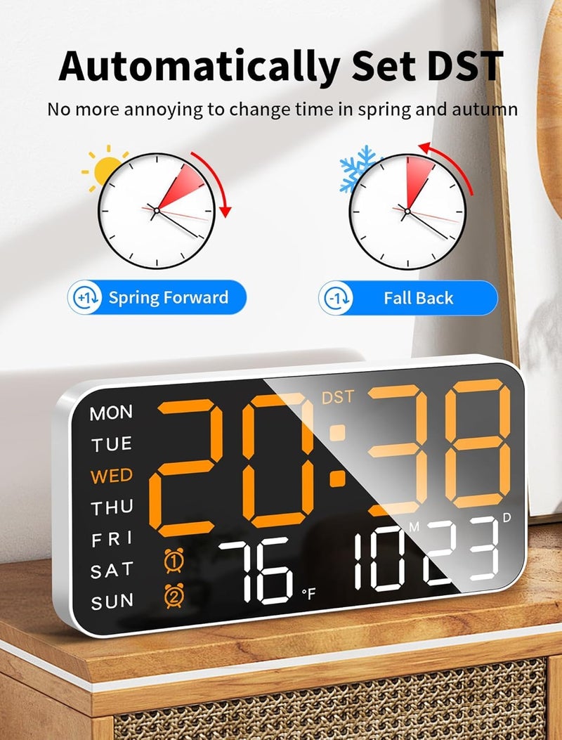 Niyam 9" LED Digital Plastic Wall Clock with Date, Day, Temperature, Dual Alarms, Voice Control, Adjustable Brightness, USB Powered Ideal for Bedroom, Office and Home Decor(Orage Digit, White 6659) - Image 2