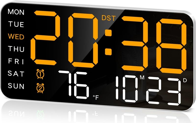 Niyam 9" LED Digital Plastic Wall Clock with Date, Day, Temperature, Dual Alarms, Voice Control, Adjustable Brightness, USB Powered Ideal for Bedroom, Office and Home Decor(Orage Digit, White 6659) - Image 1