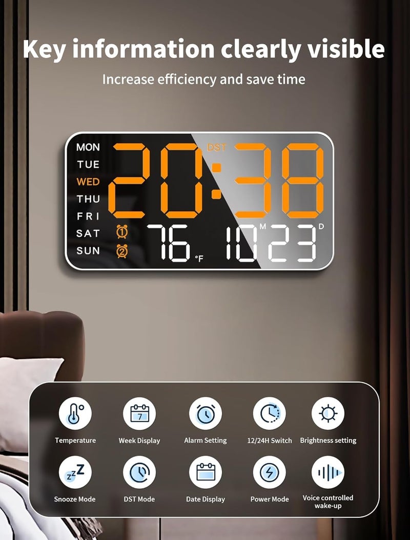 Niyam 9" LED Digital Plastic Wall Clock with Date, Day, Temperature, Dual Alarms, Voice Control, Adjustable Brightness, USB Powered Ideal for Bedroom, Office and Home Decor(Orage Digit, White 6659) - Image 4