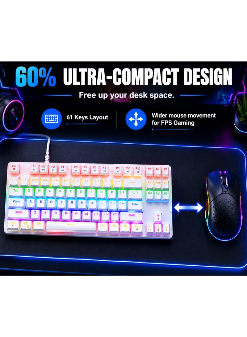 لوحة مفاتيح ألعاب ميكانيكية مدمجة 60% (K61)، 61 مفتاحاً، إضاءة RGB رائعة - أبيض - Image 2