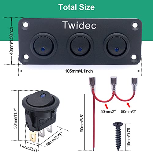 Twidec/3 Gang Rocker Toggle Switch Panel with 12V DC Round Dot Lighted 20A 3 Pins ON/Off SPST Switch Control for Car Or Boat Blue LED Light KCD2-102N-BU-XBZ - Image 3