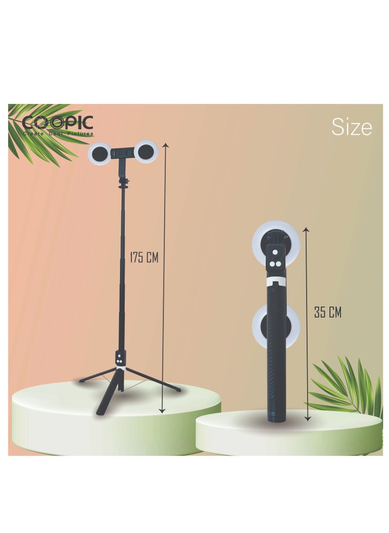Coopic COOPIC T12(Black) 175cm Versatile Selfie Stick tripod with 360° Rotation mobile holder and rechargeable Bluetooth system Capture Smooth, Steady Shots in Any Situation  - Image 4