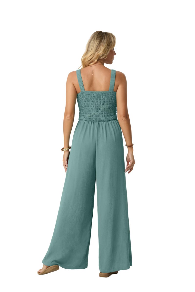 Lepunuo Jumpsuits for Women Casual One Piece Overalls Smocked Wide Leg Long Rompers With Pockets Beach Vacation - Image 4