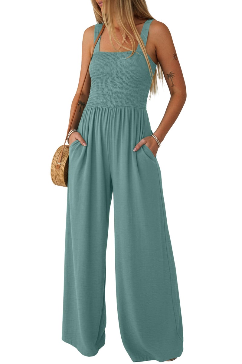 Lepunuo Jumpsuits for Women Casual One Piece Overalls Smocked Wide Leg Long Rompers With Pockets Beach Vacation - Image 1
