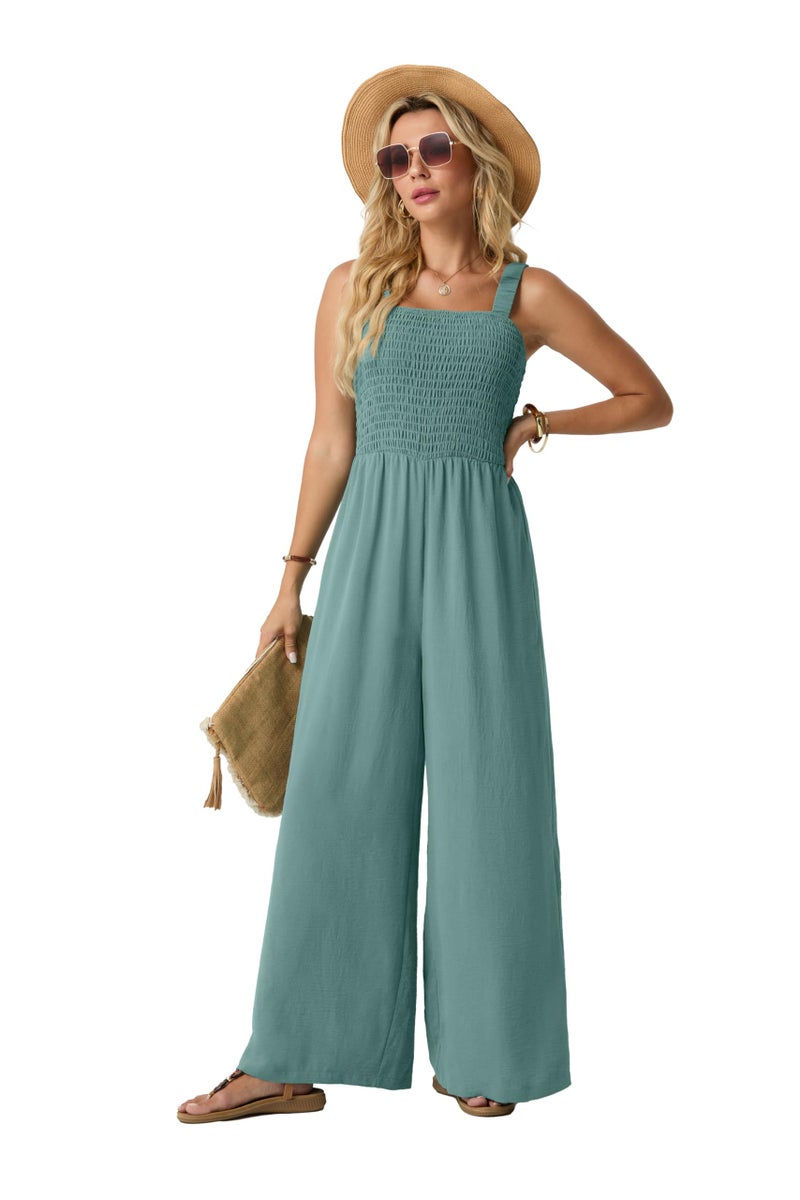 Lepunuo Jumpsuits for Women Casual One Piece Overalls Smocked Wide Leg Long Rompers With Pockets Beach Vacation - Image 3