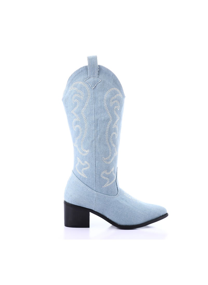 Mr.joe - Embroidered Denim Pointed Cowboy Boots - Baby Blue - Image 1